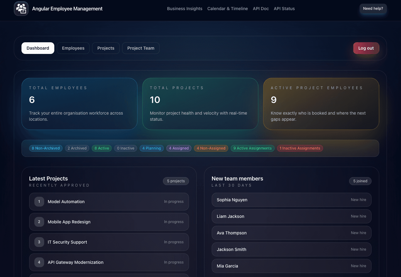 Employee & Project Management Platform - Angular 18, TypeScript, MongoDB Full-Stack Serverless Application (Including Real-time Dashboard, Calendar, Gantt Chart, Business Insights, API Monitoring)
