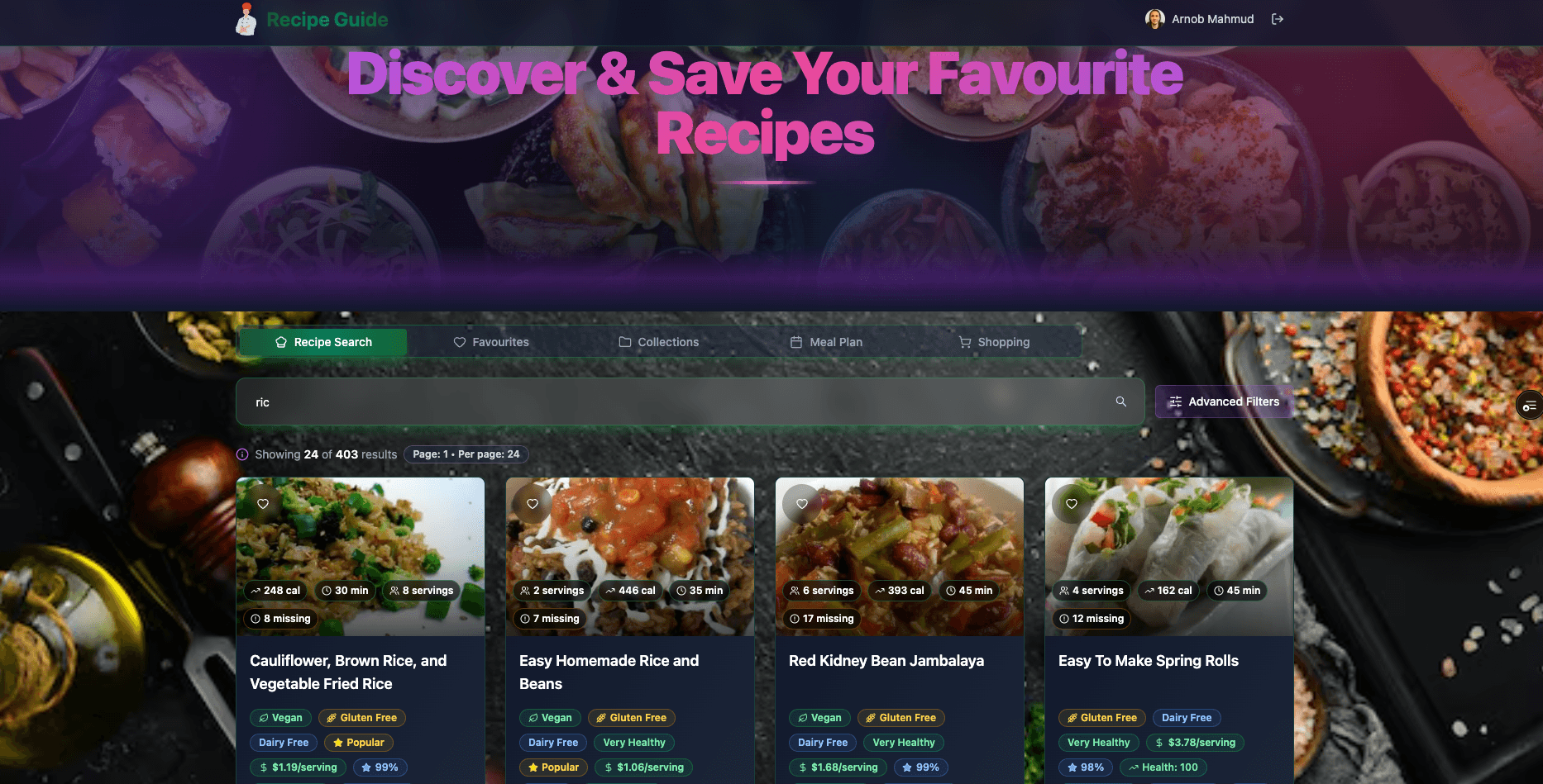 Food Recipe Spoonacular Guide - Next.js, PostgreSQL FullStack Project
