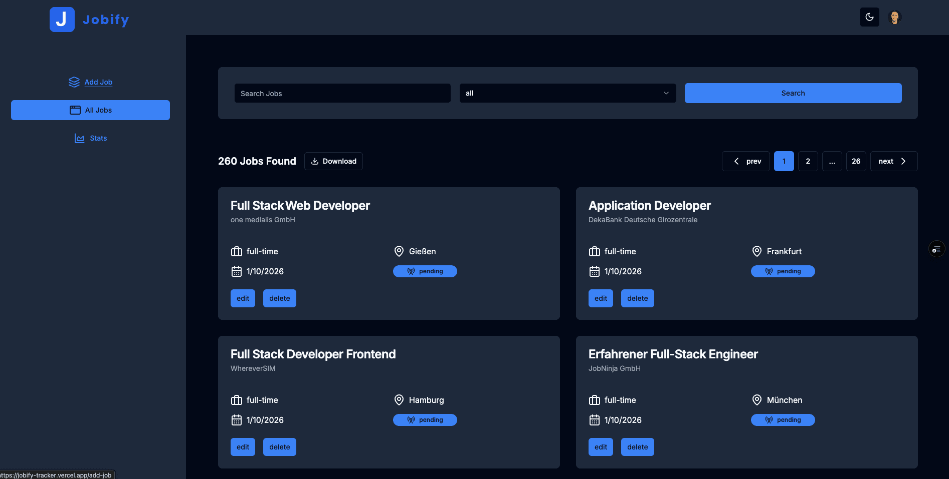 Job Tracking Application - Next.js, TypeScript, Clerk, Prisma, React Query, PostgreSQL FullStack Project